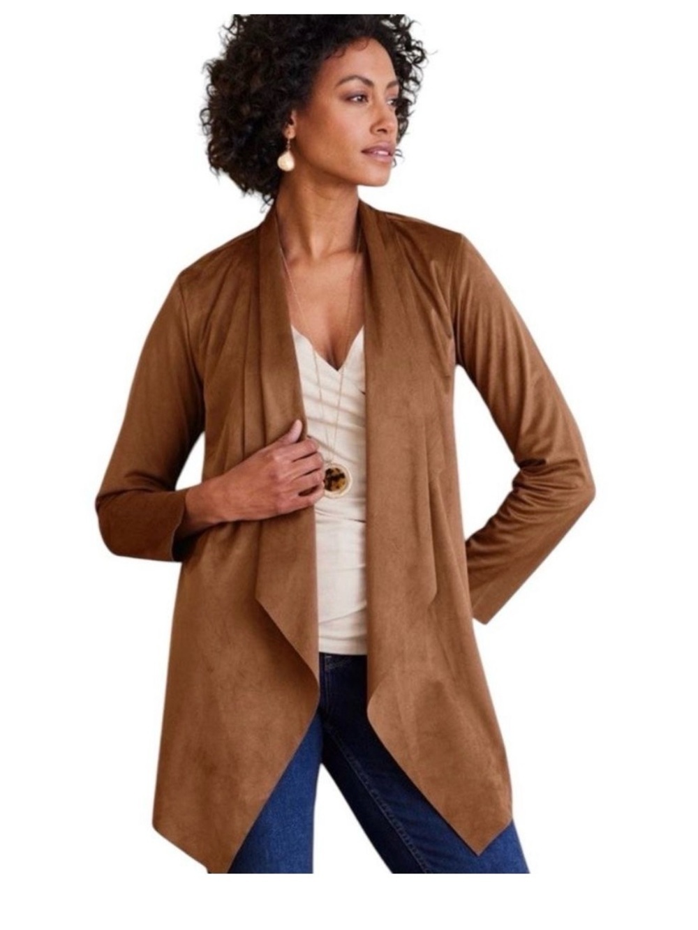 Soft Surroundings XL Brown Faux Suede Draped Open Front Cardigan
